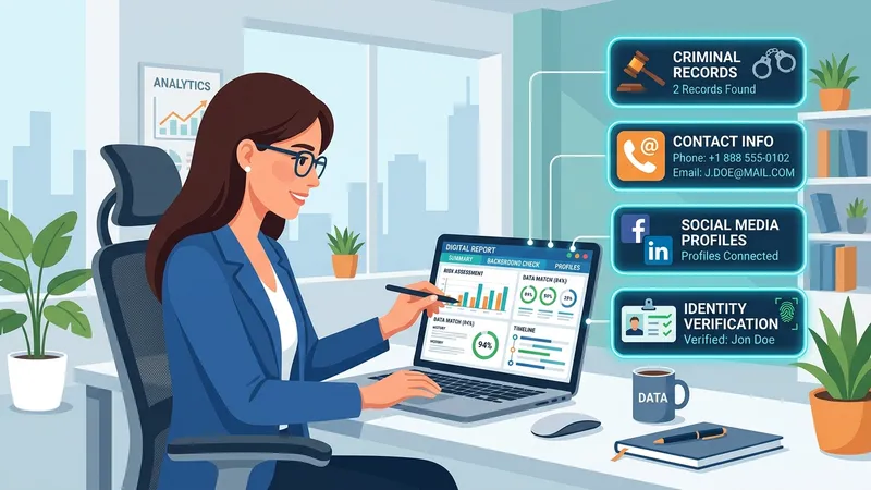 A person at a laptop reviewing a digital background report with layers of data including records, social profiles, and identity icons